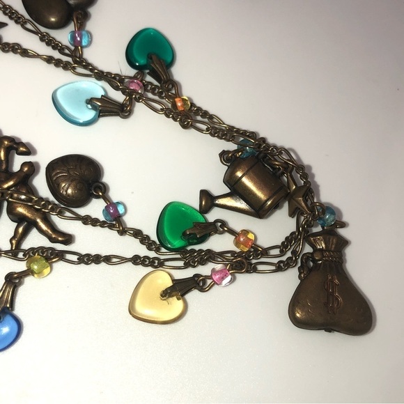 Vtg Glass Works Studio Ltd GWS Brass & Glass Charm Necklace Extra Long 44” - Picture 2 of 7